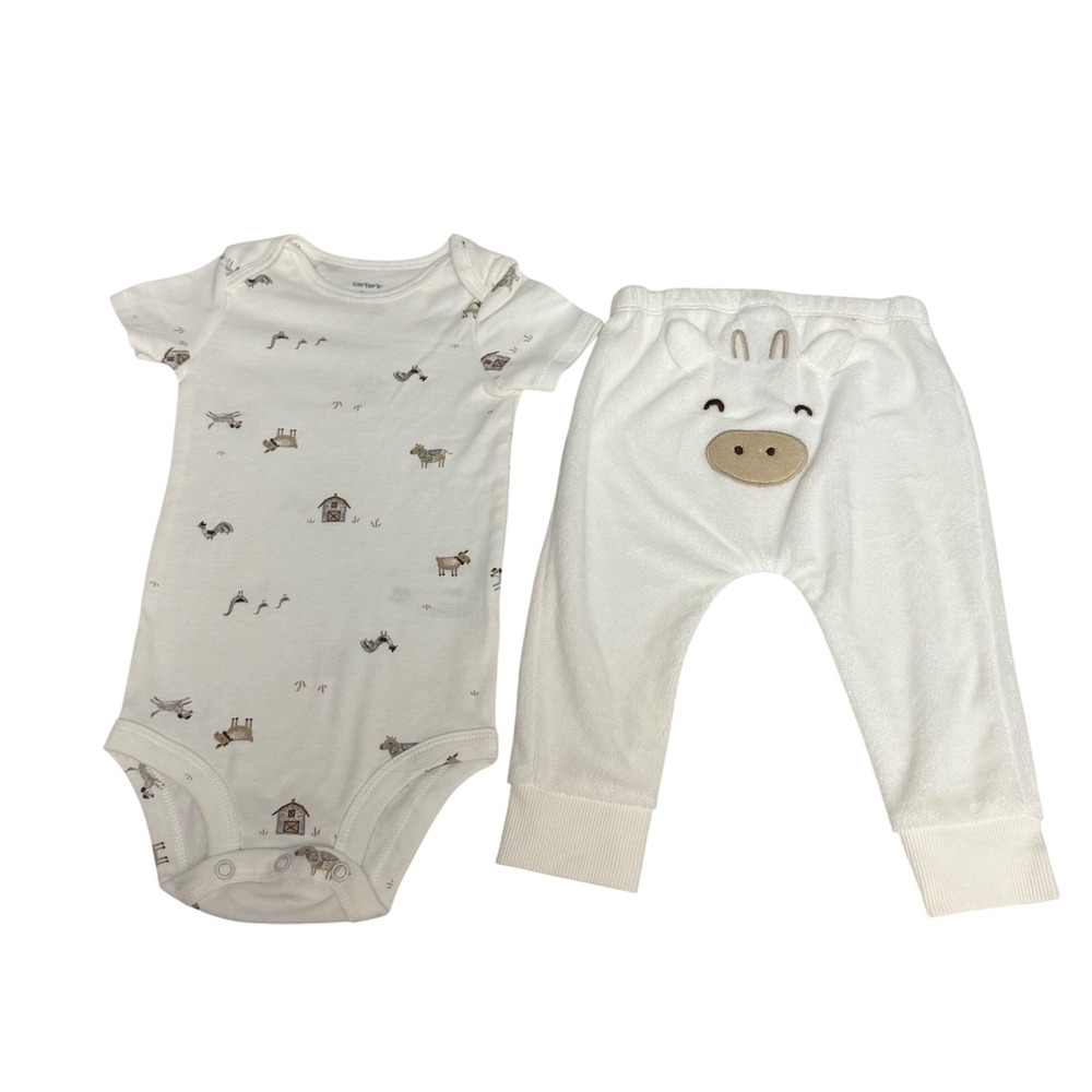 Carters Baby 9 Months Farm Animal Bodysuit and Velour Cow Pants Set White Cotton